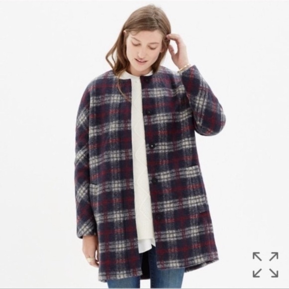 Madewell Plaid Wool Estate Coat Navy Red B2649 - Picture 1 of 9